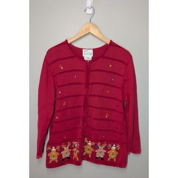 The Quaker Factory Christmas Reindeer Sweater Woman’s L Red Full Zip - Picture 1 of 7